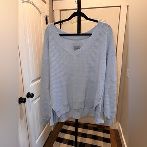 Aerie Size Large Light Blue Waffle Knit V-Neck Oversized Sweater